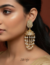 Pearl layer AD stone hanging jhumka earrings temple jewelry design